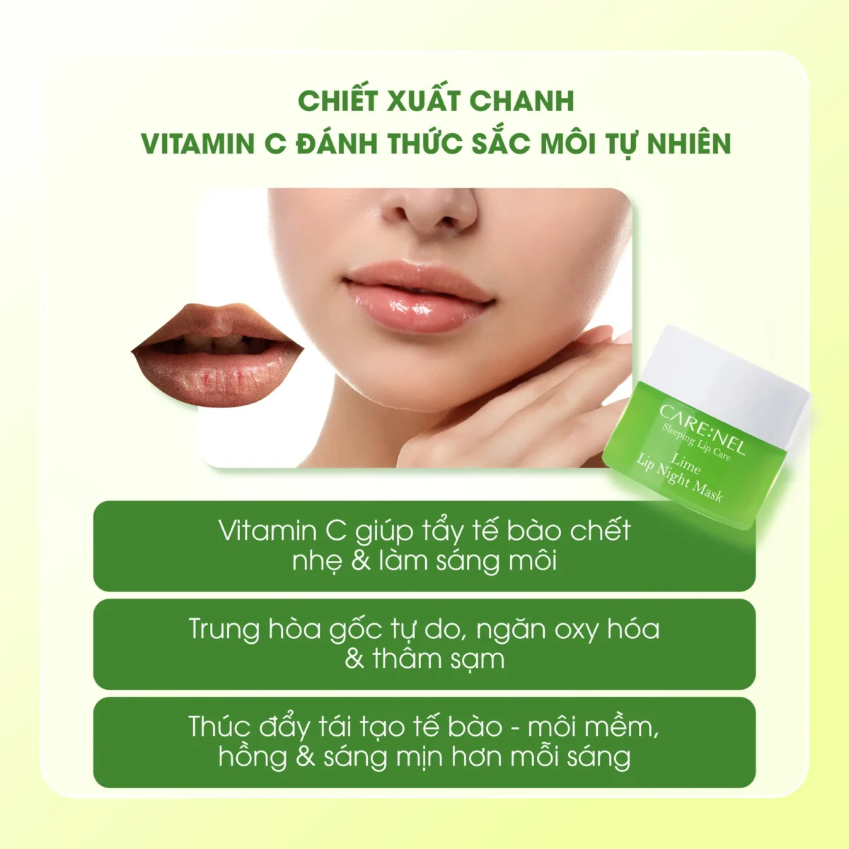Mặt nạ ngủ môi dưỡng ẩm hồng môi tẩy tế bào hương chanh Care:nel Lime Lip Night Mask 5g - Ảnh 7
