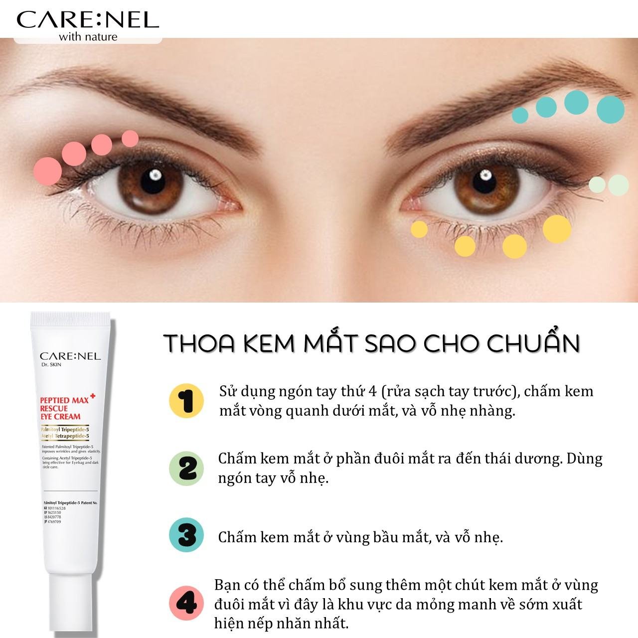 Cach Thoa Kem Mat Chuan Carenel Peptied Max Rescue Eye Cream