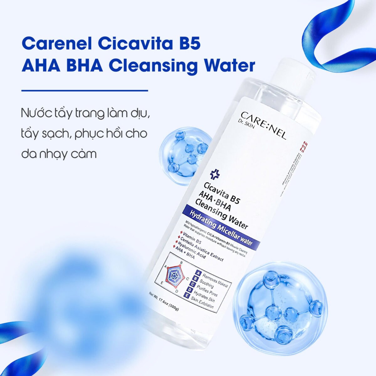 Nước tẩy trang làm dịu tẩy sạch và phục hồi cho da nhạy cảm Carenel Cicavita B5 AHA BHA Cleansing Water 500g - Ảnh 2