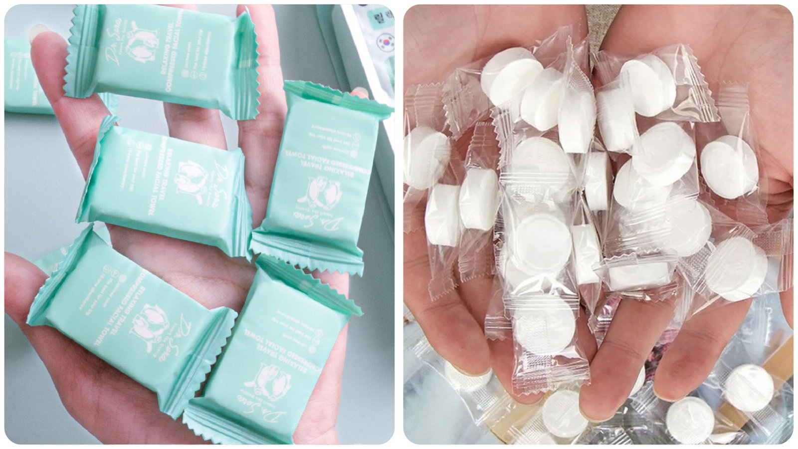 Ảnh chụp so sánh hai sản phẩm khăn nén khác nhau. Một sản phẩm có giá rẻ, bao bì sơ sài, chất lượng kém. Sản phẩm còn lại là khăn nén **Dr.Sera**, giá cả hợp lý, bao bì đẹp, chất lượng tốt. Thể hiện rõ sự khác biệt về chất lượng và giá trị.