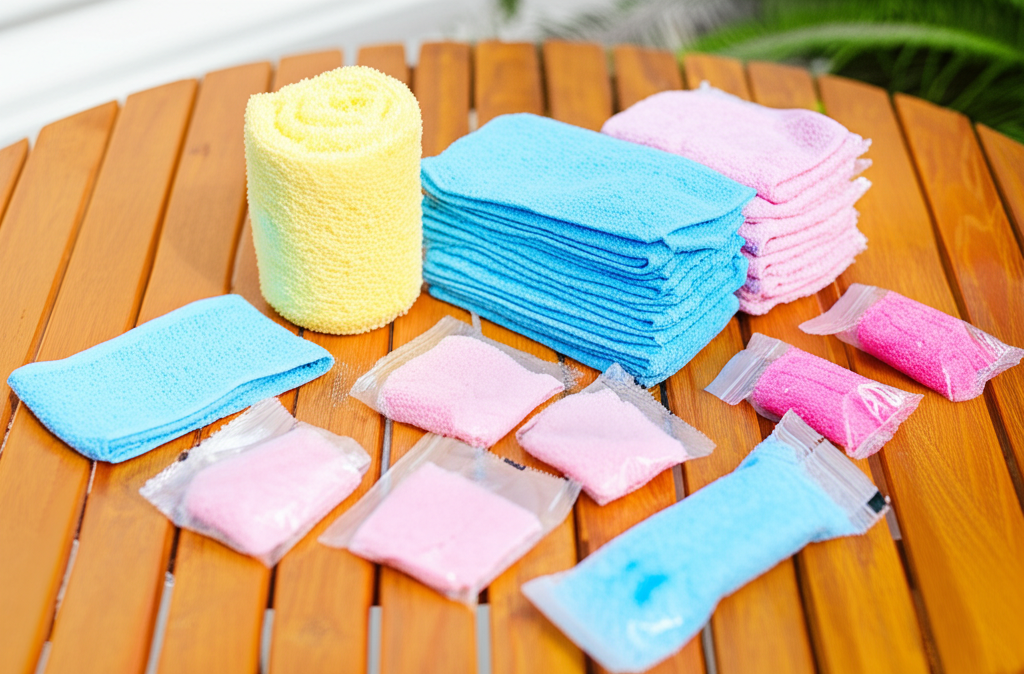Ảnh chụp cận cảnh nhiều loại khăn nén khác nhau được sắp xếp gọn gàng trên một chiếc bàn gỗ. Khăn có nhiều kích cỡ và màu sắc khác nhau, một số được đóng gói riêng lẻ, một số được xếp chồng lên nhau. Ánh sáng tự nhiên chiếu vào, làm nổi bật kết cấu của khăn.