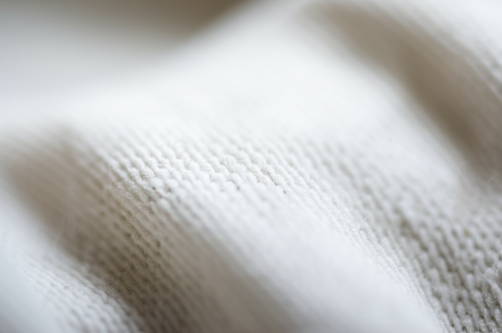 Ảnh chụp cận cảnh kết cấu sợi cotton, thể hiện sự mềm mại và tự nhiên. Ánh sáng dịu nhẹ, tập trung vào chi tiết sợi vải.