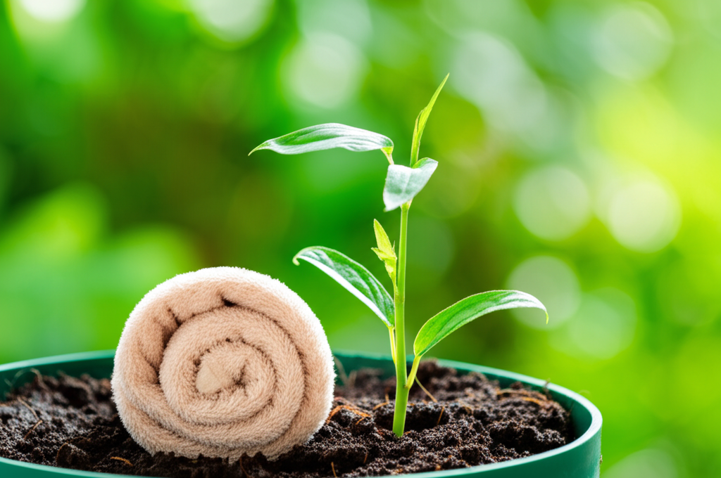Ảnh chụp một chiếc khăn nén làm từ sợi tre đang được đặt trên một chậu cây xanh. Bối cảnh xung quanh là một khu vườn xanh mát, thể hiện sự thân thiện với môi trường.