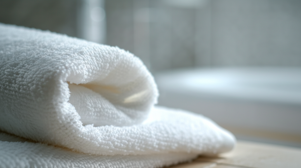Ảnh chụp cận cảnh một chiếc khăn tắm nén cotton tiệt trùng **Dr.Sera** đang được mở ra. Chiếc khăn mềm mại, trắng tinh. Phía sau là hình ảnh một người đang sử dụng khăn sau khi tắm, với vẻ mặt thư thái và dễ chịu.
