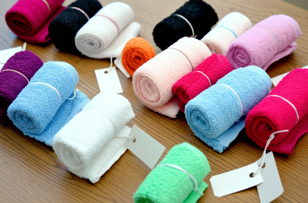 Ảnh chụp một bộ sưu tập khăn nén với nhiều màu sắc và kích cỡ khác nhau, được sắp xếp trên một mặt bàn gỗ. Mỗi loại khăn được gắn một thẻ nhỏ ghi chú chất liệu và mục đích sử dụng. Ánh sáng tự nhiên.