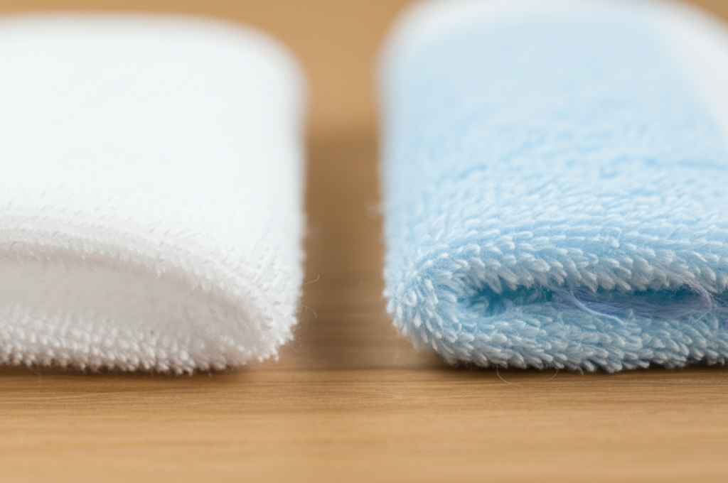 Ảnh chụp so sánh hai loại khăn nén khác nhau: một loại có chất lượng tốt, sợi cotton mềm mại, và một loại có chất lượng kém, sợi thô ráp. Ánh sáng tập trung vào kết cấu sợi vải.