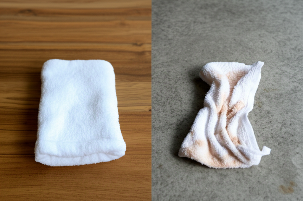 Ảnh so sánh trực quan giữa một chiếc khăn nén cotton chưa nở và một chiếc khăn ướt đã qua sử dụng. Khăn nén được đặt trên nền gỗ tự nhiên, còn khăn ướt đặt trên nền xi măng xám xịt. Ánh sáng tập trung vào khăn nén, làm nổi bật sự tinh khiết và tự nhiên.