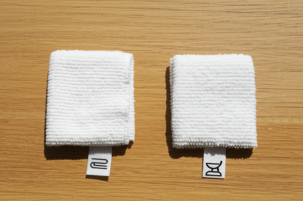 Ảnh chụp hai chiếc khăn nén, một microfiber và một cotton, đặt cạnh nhau trên nền gỗ. Gắn nhãn rõ ràng cho từng loại khăn. Ánh sáng tự nhiên.