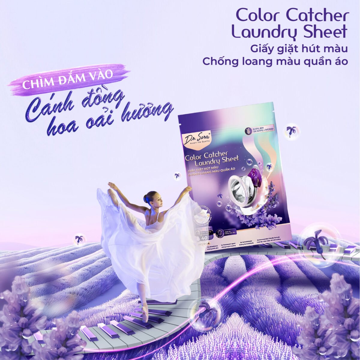 Giấy giặt hút màu, chống loang màu quần áo hương oải hương Color Catcher Laundry Sheet Lavender - Ảnh 3