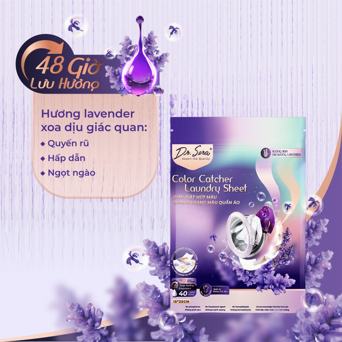 Giấy giặt hút màu, chống loang màu quần áo hương oải hương Color Catcher Laundry Sheet Lavender - Ảnh 6