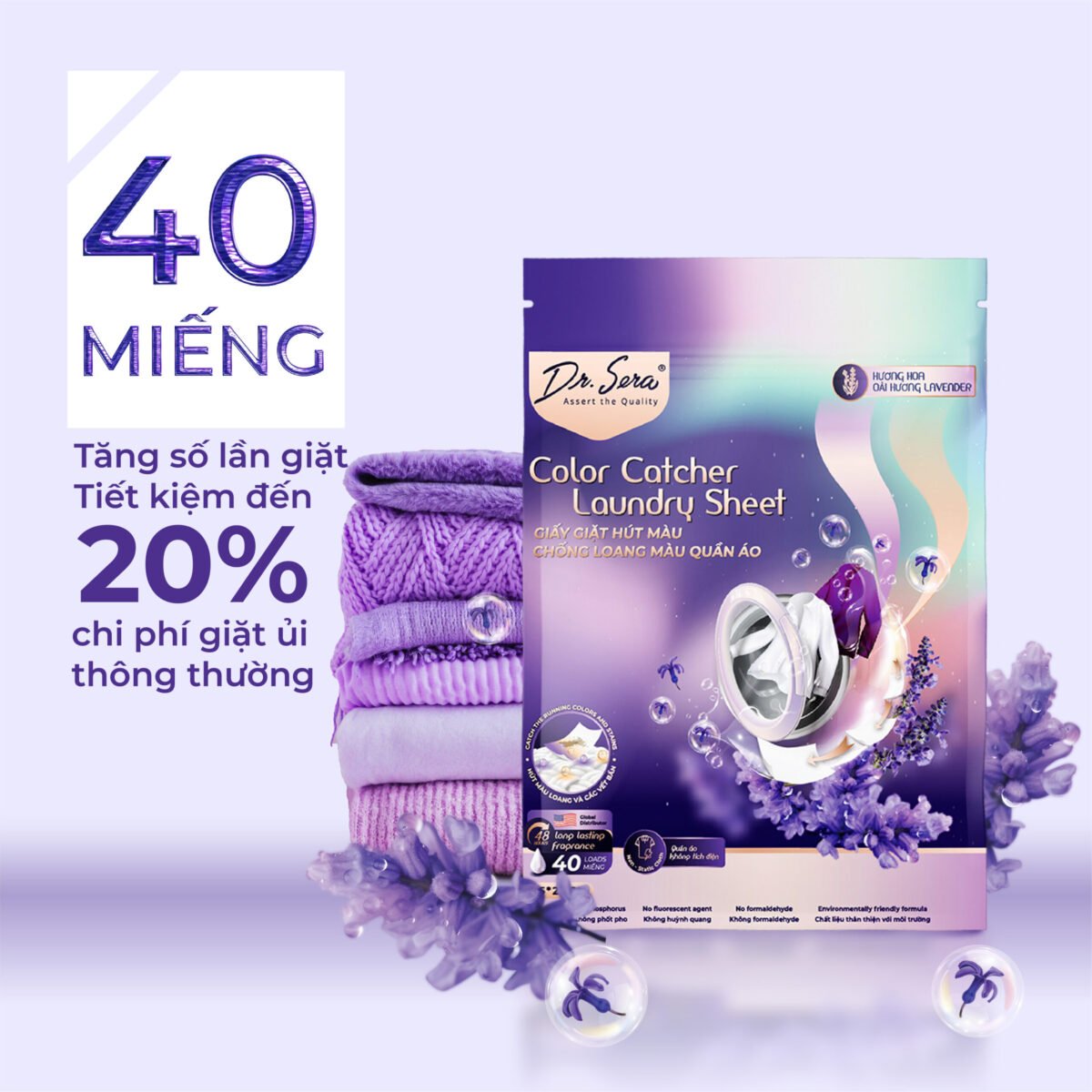 Giấy giặt hút màu, chống loang màu quần áo hương oải hương Color Catcher Laundry Sheet Lavender - Ảnh 5