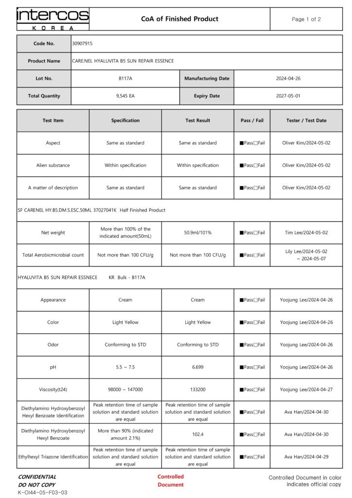 4. Specifications of final product COA CARENEL HYALUVITA B5 SUN REPAIR ESSENCE B117A 9545 hinh anh 0