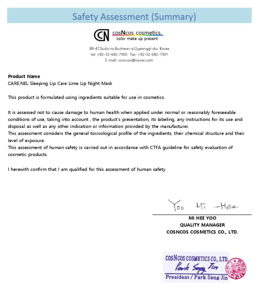 Attachments 12. Safety Assessment Summary CARENEL Lime Lip Night Mask 5g page 0001 1
